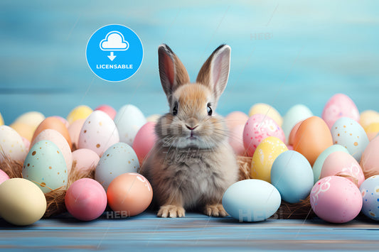 Funny Easter Rabbit With Copy Space, A Rabbit With Eggs In Front Of It