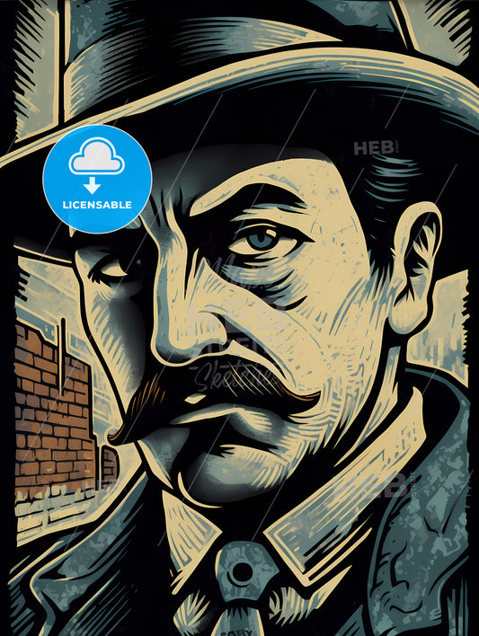 Early 20Th-Centry Poster-Style Linocut, A Man With A Mustache Wearing A Hat