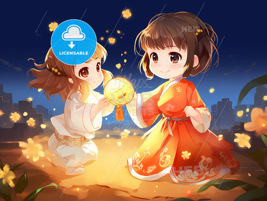 24 Solar Terms Xiaoman, Cartoon Of Two Girls Holding A Round Light