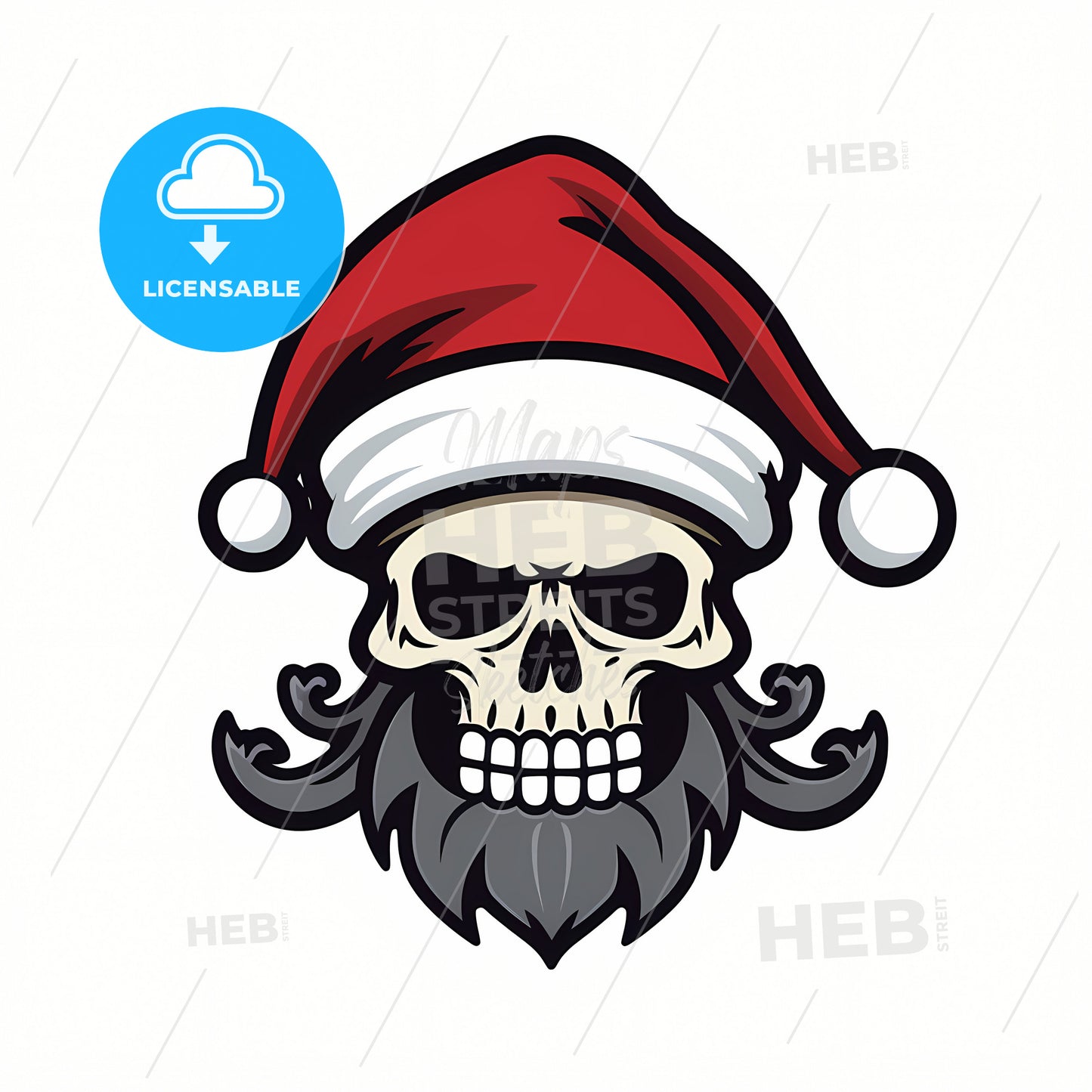 A Pirate Skeleton With Christmas Hat, A Skull With A Beard And Mustache Wearing A Santa Hat