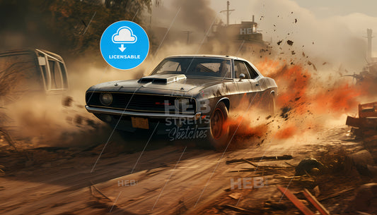 Post-Apocalyptic Muscle Car, A Car Driving On A Dirt Road