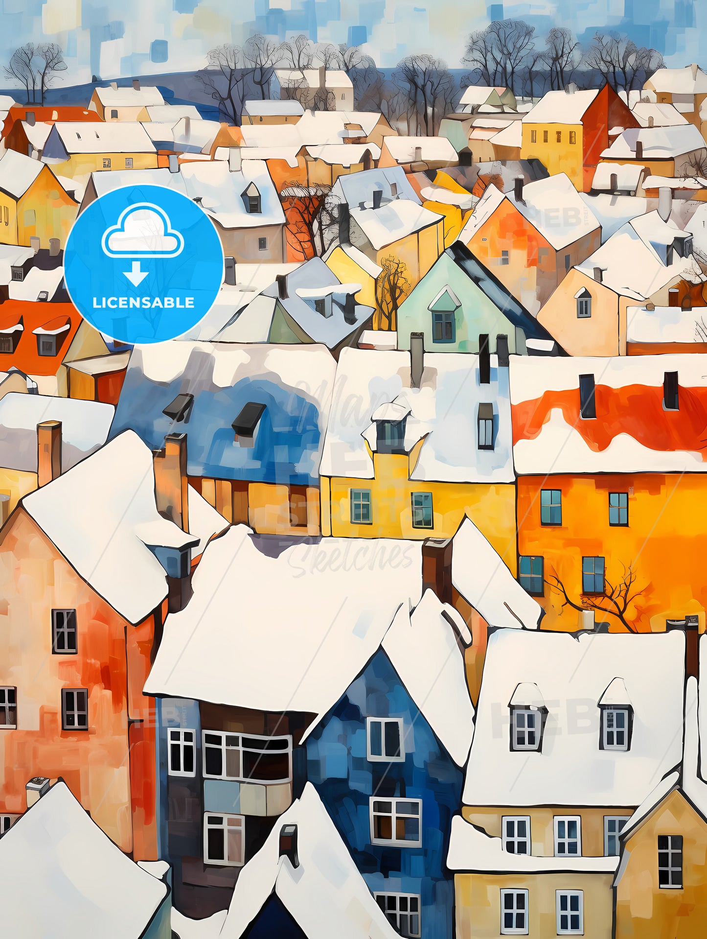 Snowy German Small Town Roofs, A Group Of Colorful Buildings Covered In Snow