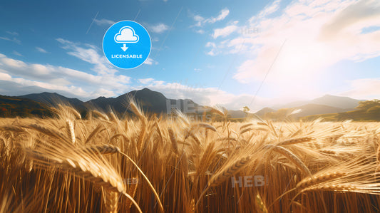 A Golden Wheat Field, A Field Of Wheat With Mountains In The Background
