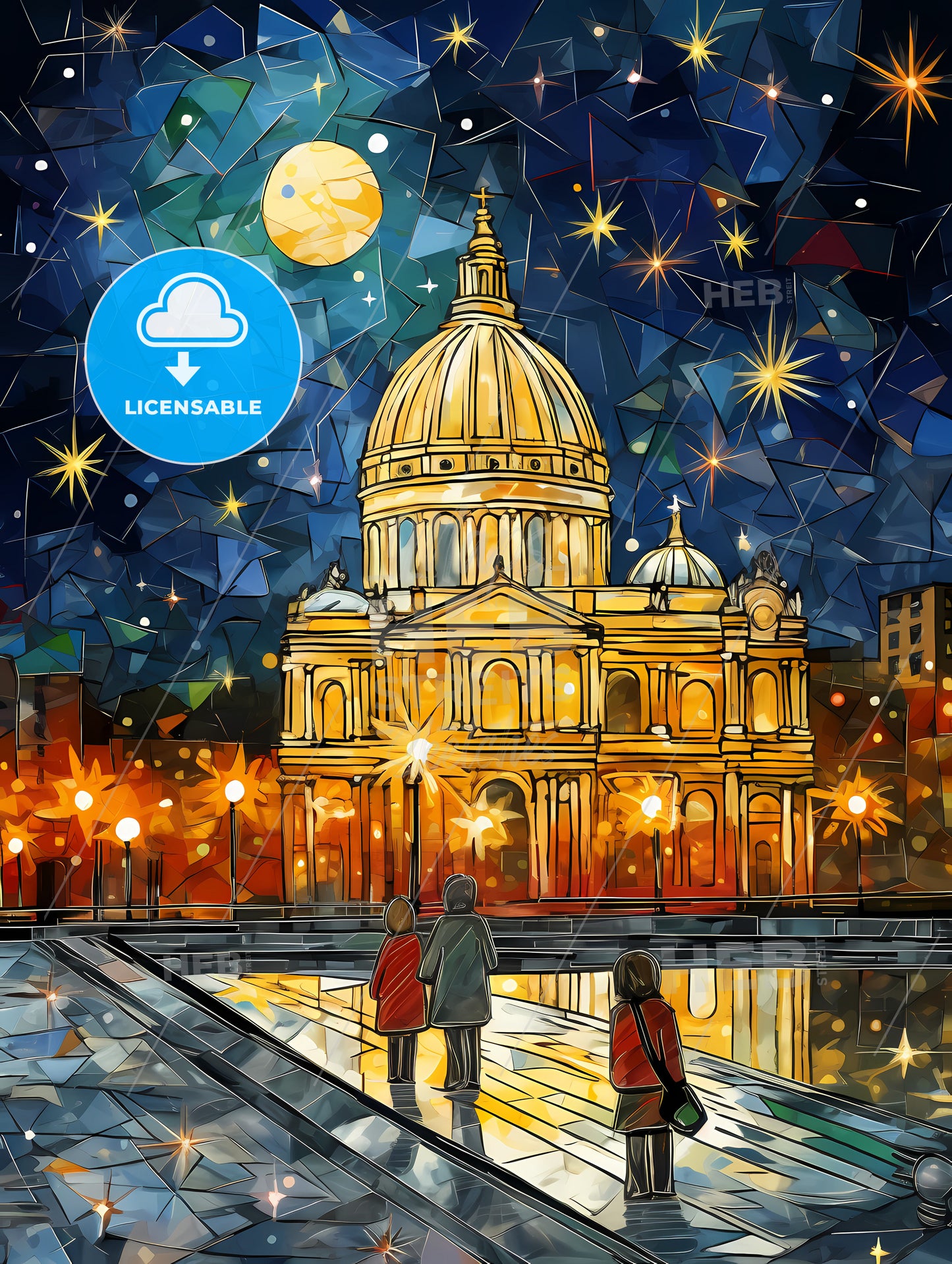 Adorable Christmas Illustration Card, A Painting Of A Building With A Dome And A Moon