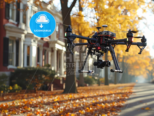 A Drone Carrying A Small Package, A Drone Flying Over A Street