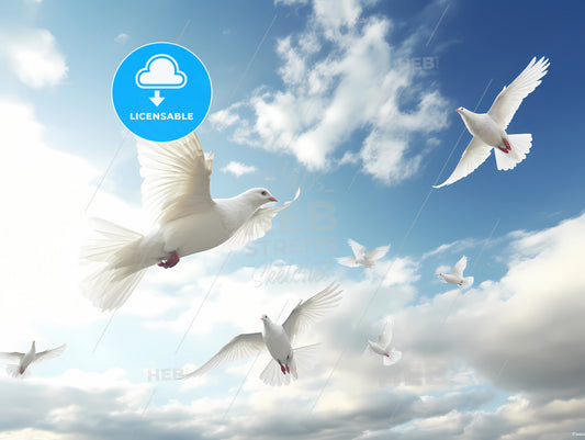 A Flock Of White Doves Flying, A Group Of White Birds Flying In The Sky