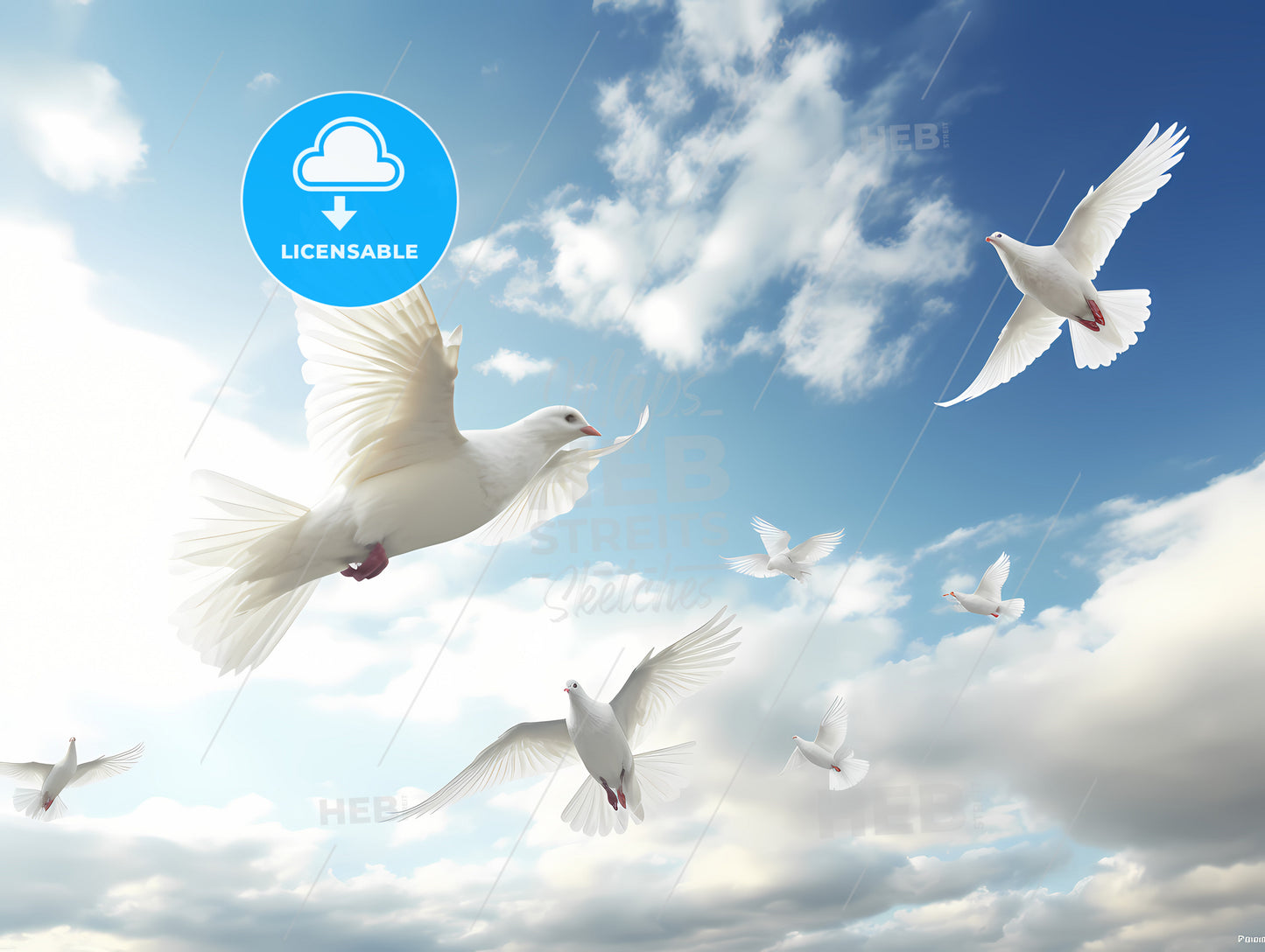 A Flock Of White Doves Flying, A Group Of White Birds Flying In The Sky