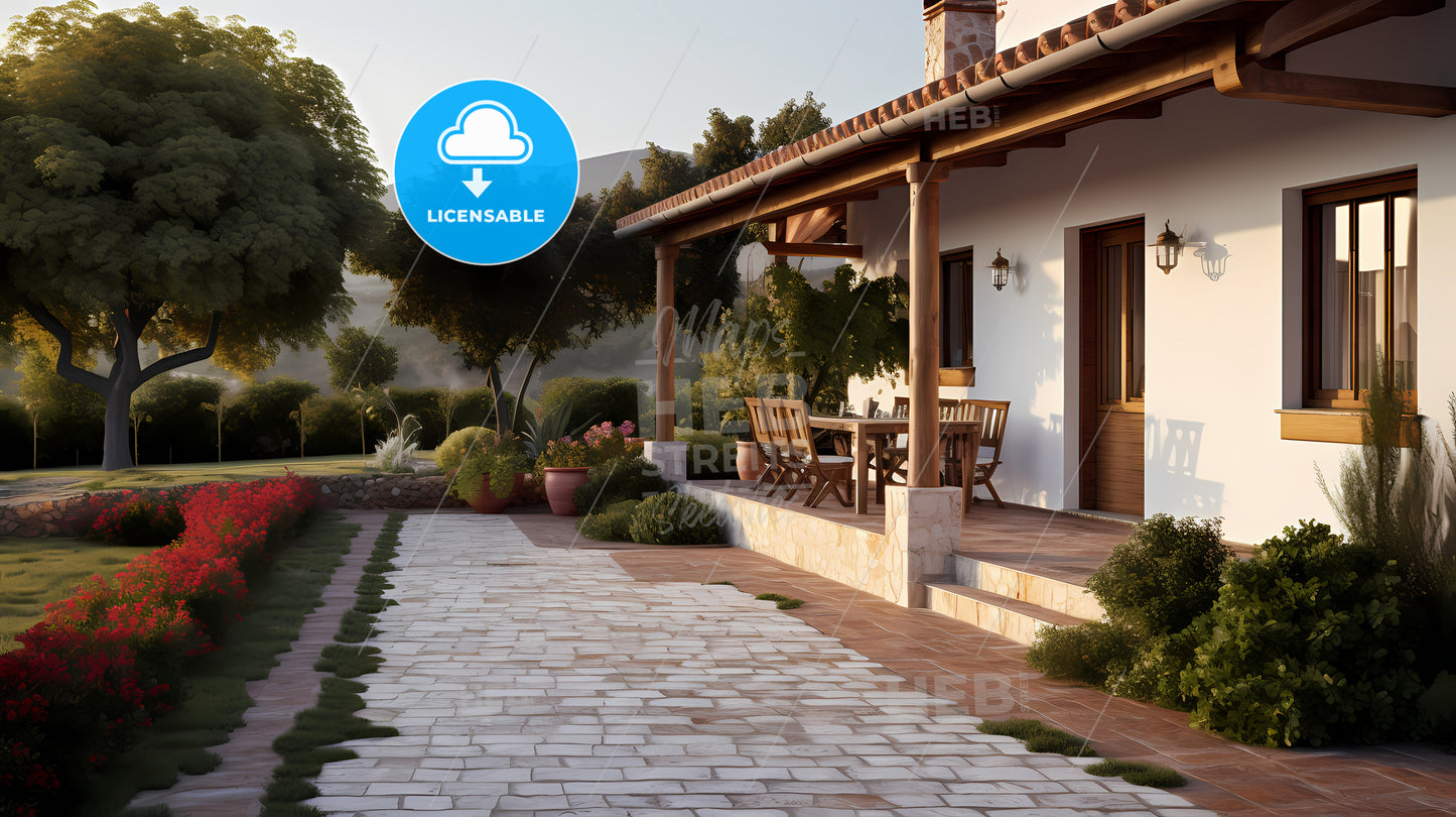 Rural Courtyard, A House With A Patio And A Stone Walkway