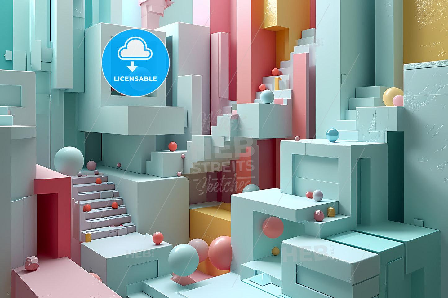 An Illustration Of A Geometric Grid, A Colorful Room With Stairs And Colorful Balls