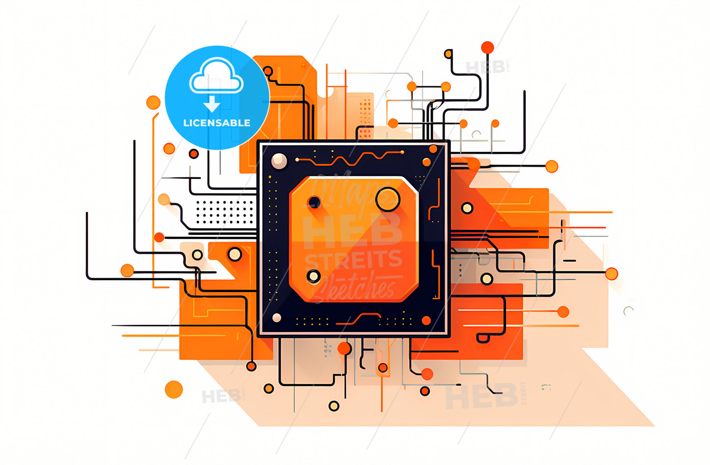 Line Art Of Semiconductor, A Computer Chip With Orange And Black Lines
