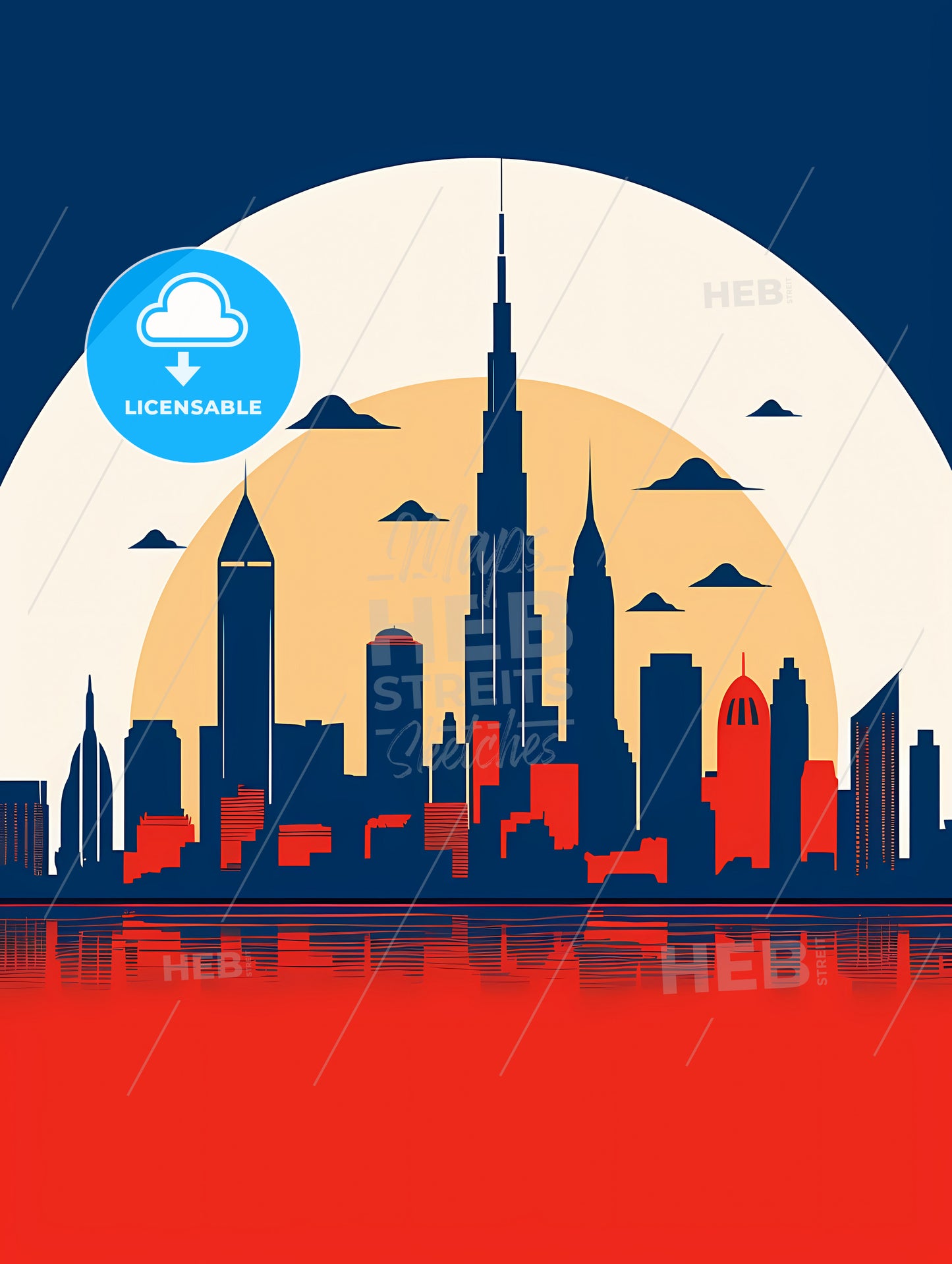 Minimalist Chicago Skyline, A City Skyline With A Large Sun Behind It