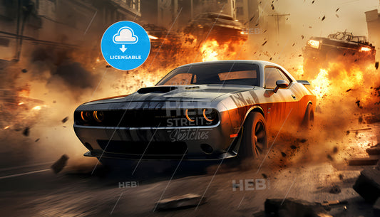 Post-Apocalyptic Muscle Car, A Car Driving On A Road With Flames And Smoke