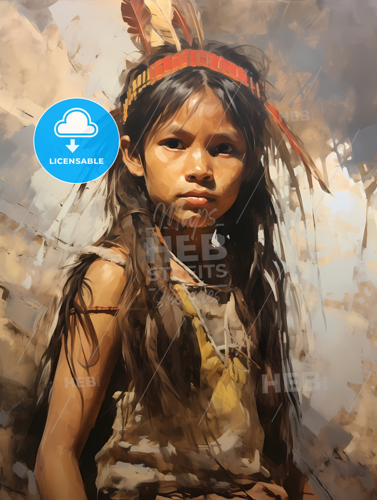 Indigenous Child Portrait Cinematic Light, A Girl With Long Hair And A Red Headband