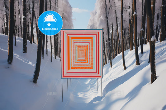 Optical Illusion Photo, A Square Shaped Square With Orange And White Squares In A Snowy Forest