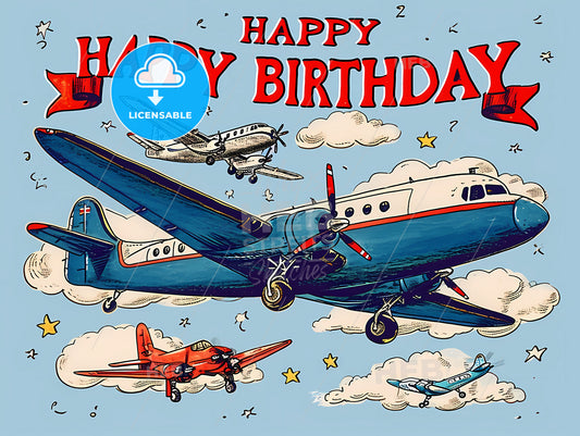 Happy Birthday Card With Airplanes, A Drawing Of Airplanes In The Sky