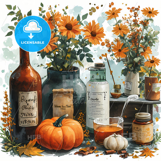 Thanksgiving Dinner Digital Embellishments, A Painting Of A Table With Bottles And Flowers