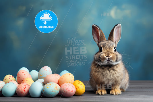 Funny Easter Rabbit With Copy Space, A Rabbit Next To A Pile Of Eggs