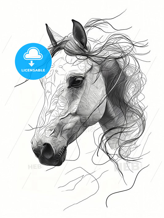 A Line Art Drawing Of A Horses Face, A Horse With Long Hair