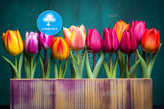 Colorful Tulips In A Wooden Box, A Group Of Colorful Tulips In A Wooden Box