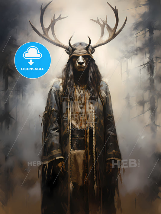 An Oil Painting Of A Black Elk In The Fog, A Person In A Garment With Antlers