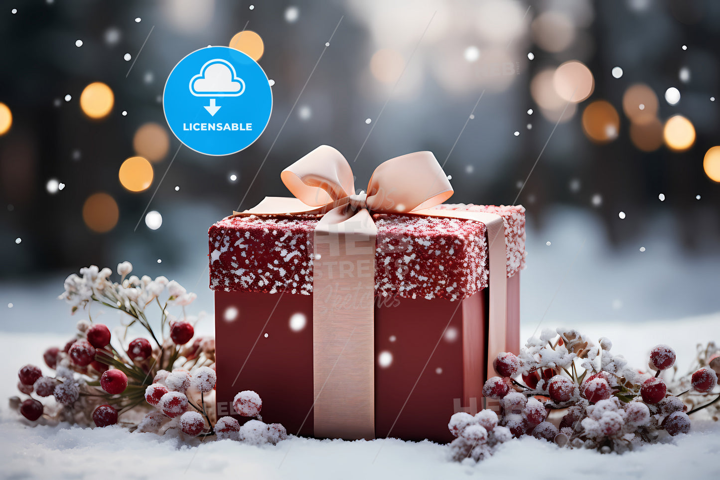 A Beautiful Red Christmas Present, A Gift Box With A Bow And Berries On Snow