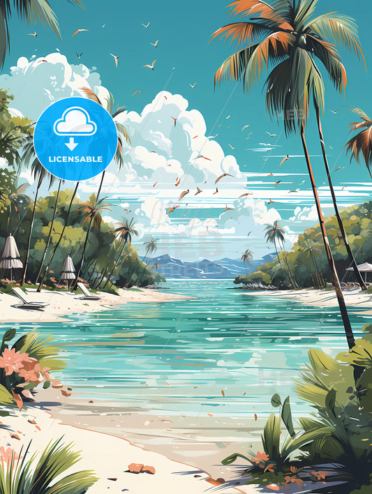 Maldives Travel Posters In Retro Style, A Beach With Palm Trees And A Body Of Water
