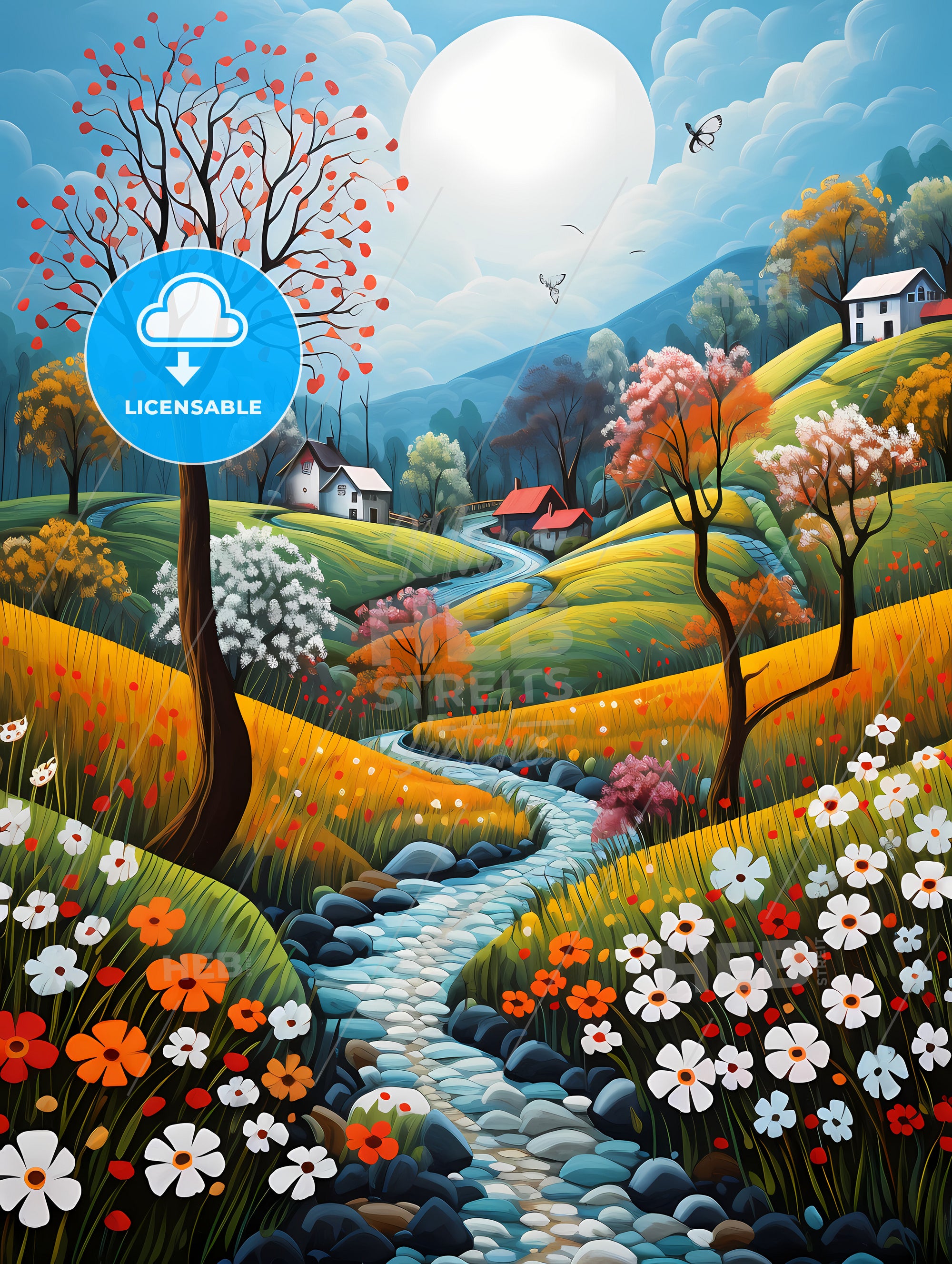 絵画 Spring in the valley Spring Landscape, A Painting Of A River Running Through A Valley