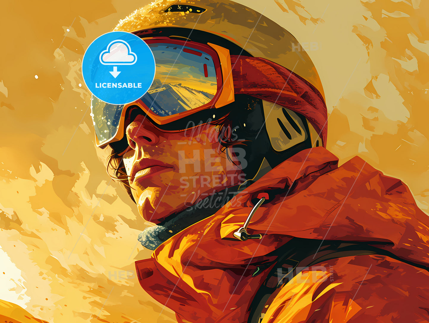 A Travel Poster With A Skier, A Man Wearing A Helmet And Goggles