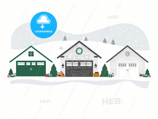 Temporary Rental Icon Set, A Group Of Houses With Garages In The Snow