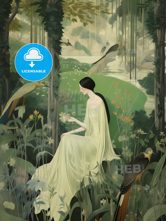 The Large Tapestry And Its Green Colors, A Woman In A White Dress Sitting In A Forest With Birds