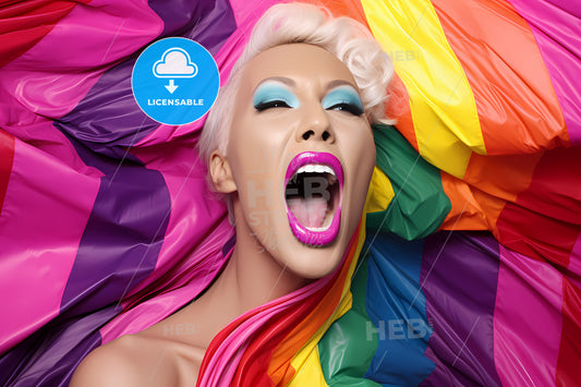 An Open Mouth With A Rainbow Flag, A Woman With Her Mouth Open And Mouth Open Lying On A Rainbow Colored Fabric