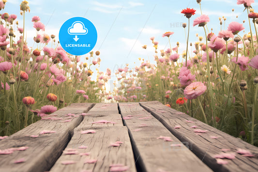 An Image Of An Empty Wooden Platform, A Wood Planks With Pink Flowers In The Background