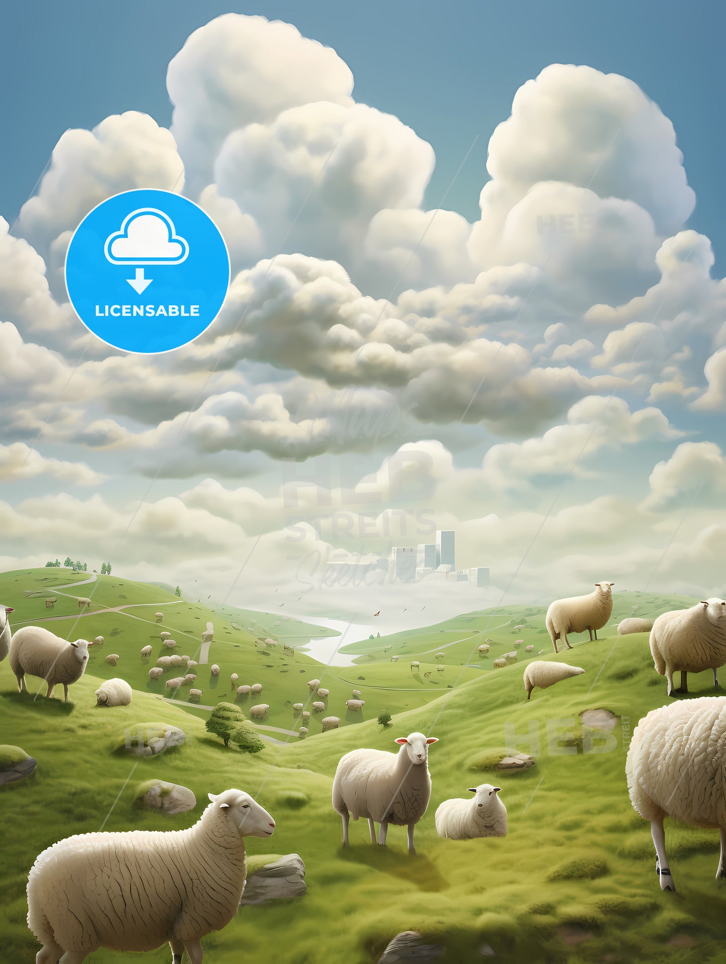 Un Ciel Avec Des Moutons Qui Tombent, A Group Of Sheep On A Green Hill