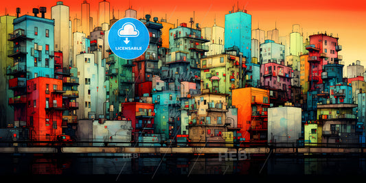 City Block Saturated Colors, A City Skyline With Many Buildings