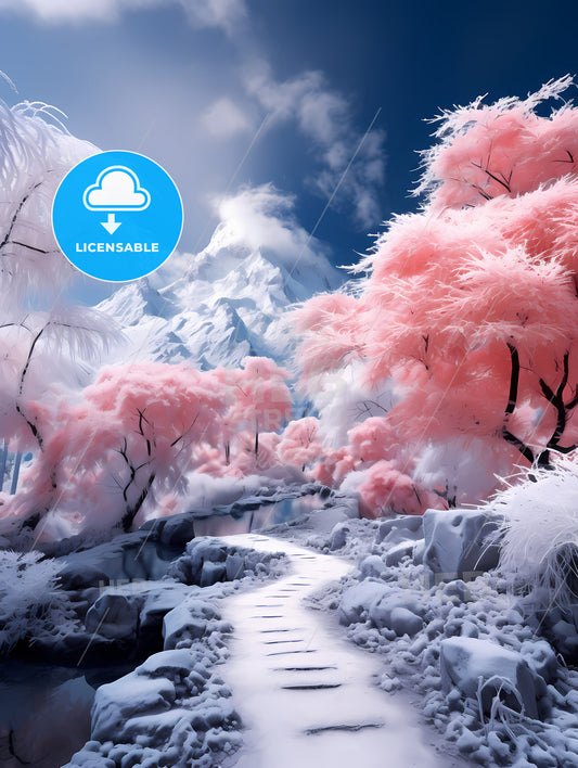 A Magnificent Snow Mountain, A Snowy Path Leading To A Mountain