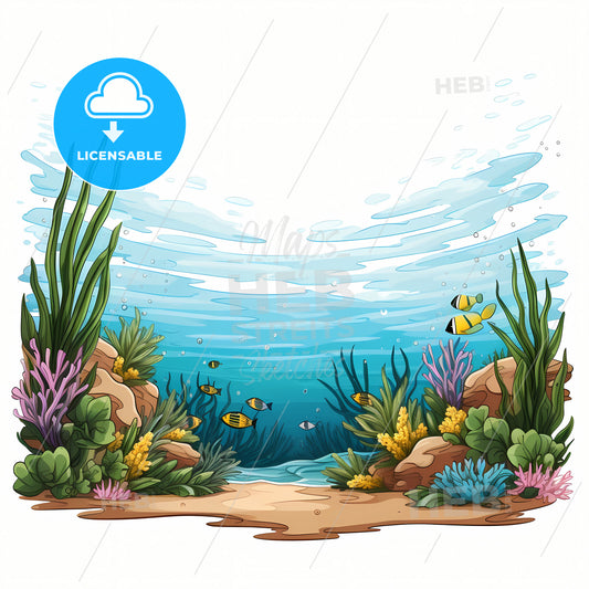 A Ocean View Illustration, A Cartoon Of A Seabed With Fish And Plants