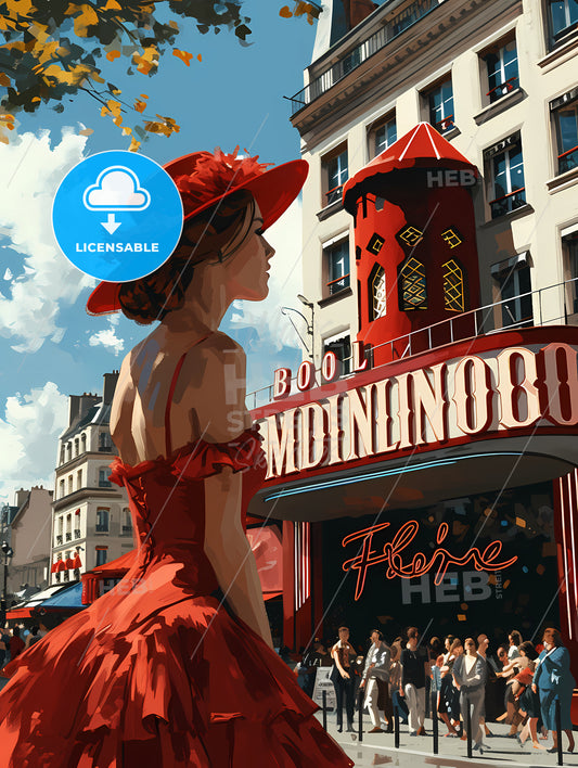 Une Lofi Girl Regardant, A Woman In A Red Dress And Hat In Front Of A Building