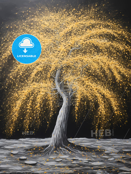An Acrylic Painting Of A Yellow Willow Tree, A Tree With Yellow Leaves