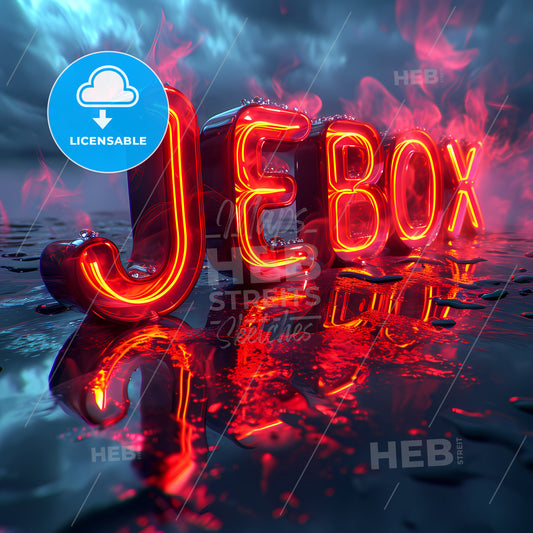 Stylish Music Logo With The Text Jukebox, A Red Neon Sign On Water