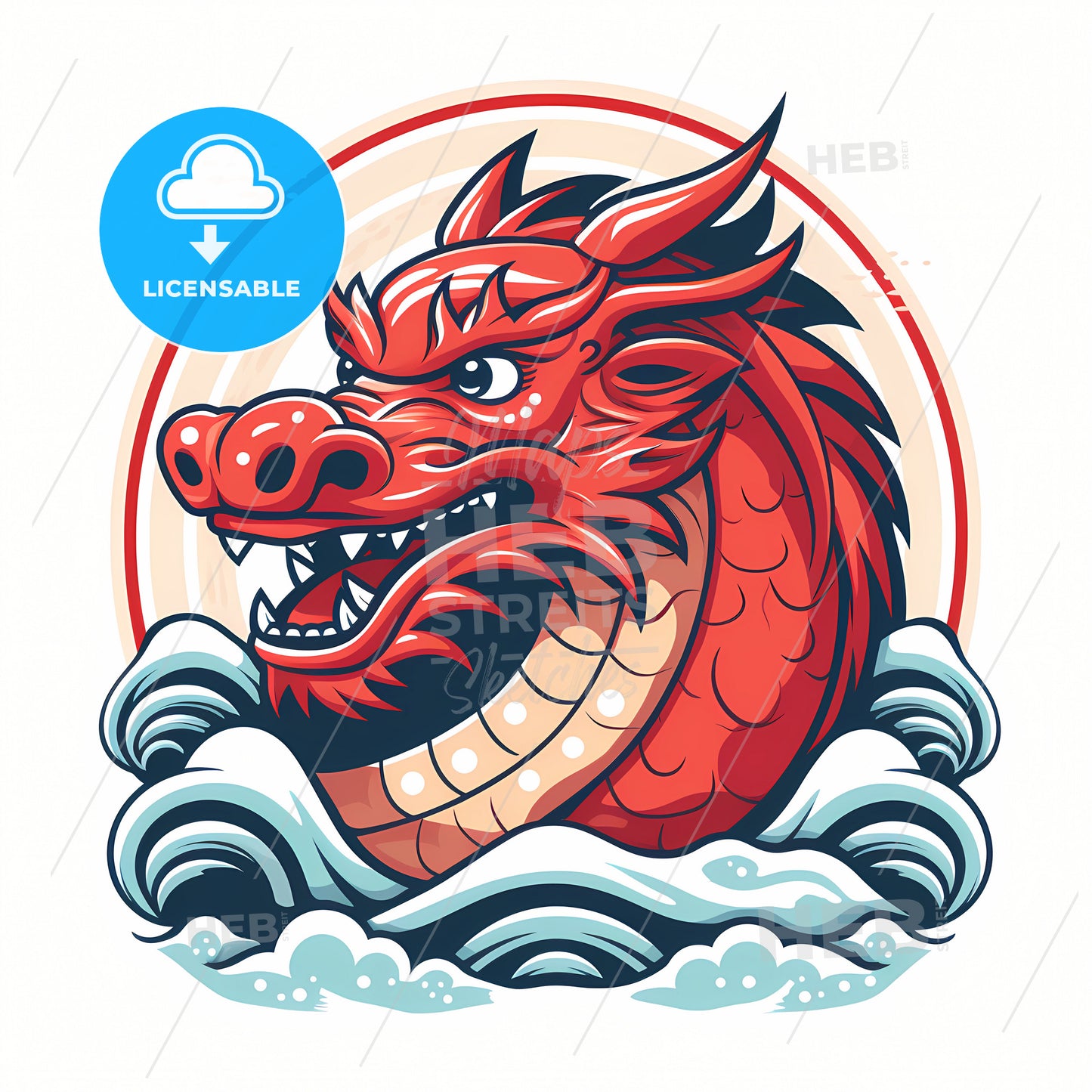 Dragon, A Red Dragon Head With White And Red Circle And Circle
