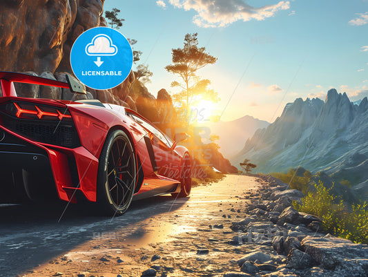 A Red Sports Car, A Red Sports Car On A Road With Mountains And Trees