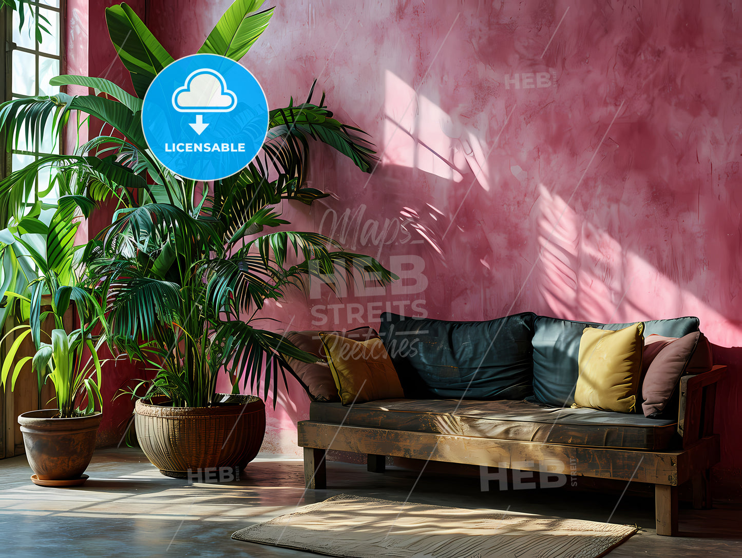 Empty Light Pink Wall, A Couch And A Plant In A Room