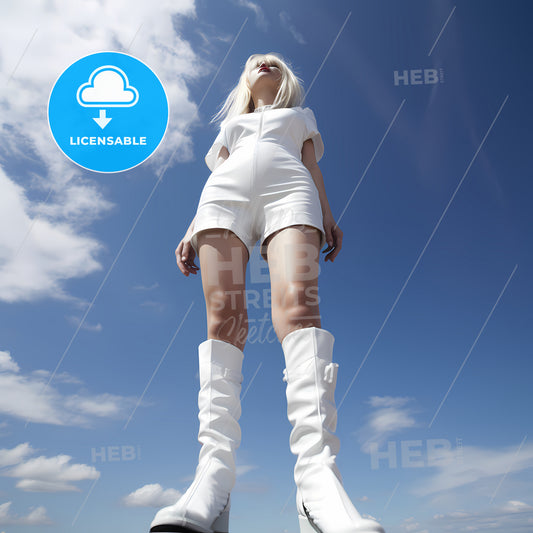 Young 25 Years Old Angry Blond Girl, A Woman In White Outfit And Boots