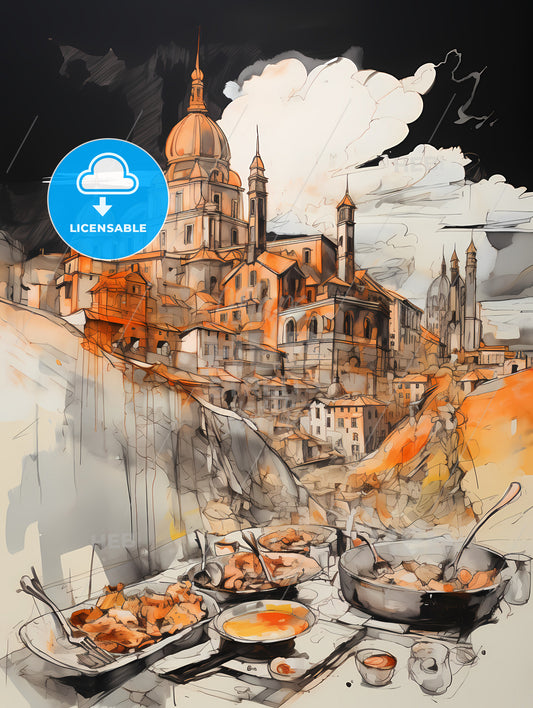Tika Masala Food Drawing Sketchbook Art, A Painting Of A City With A Large Building And A Large Dome