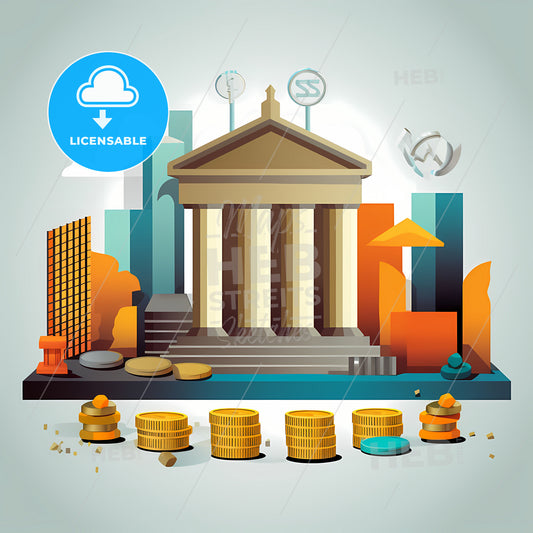 A Clipart Representing The Finance Industry, A Building With Columns And Stacks Of Coins