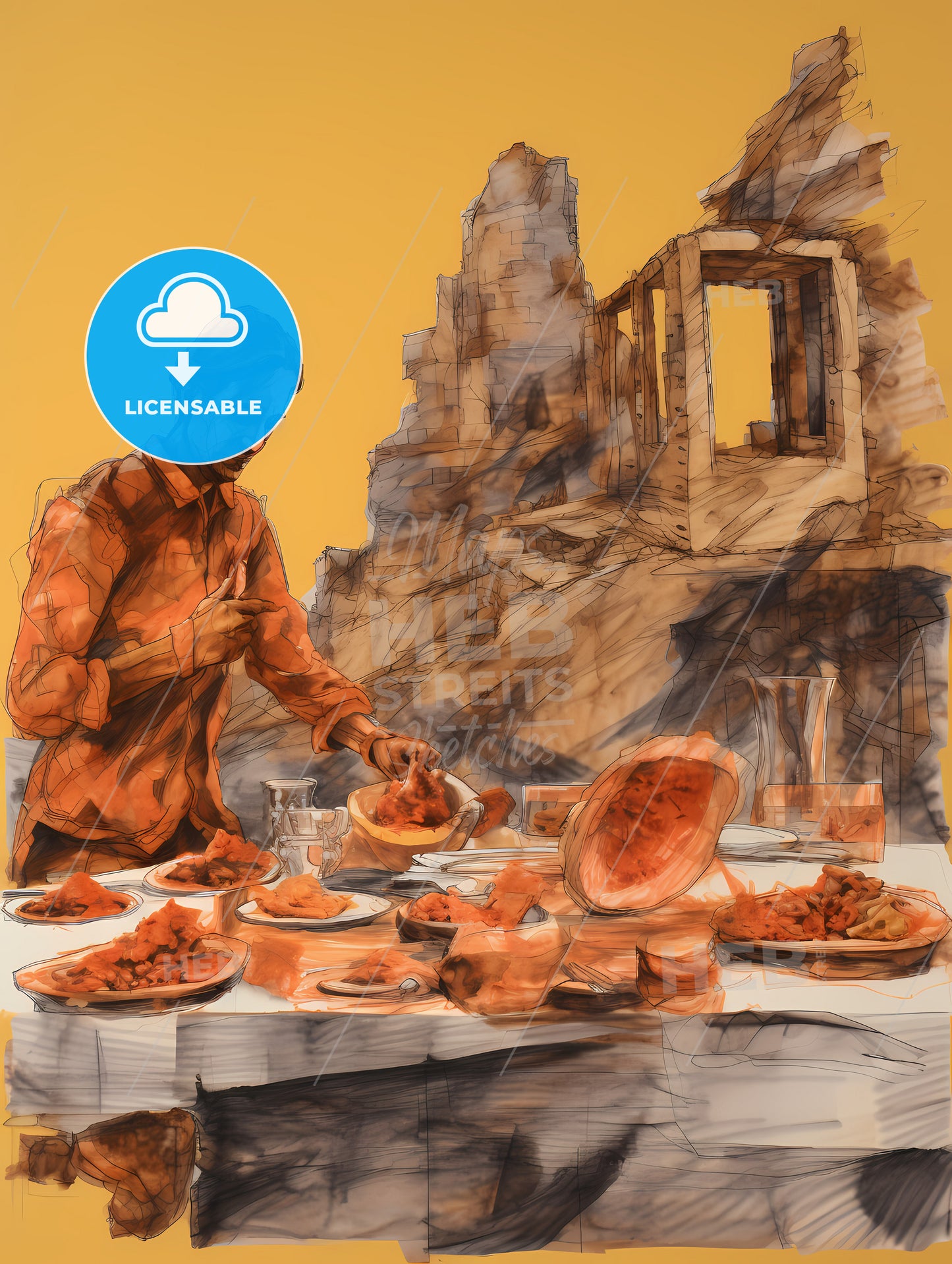 Tika Masala Food Drawing Sketchbook Art, A Man Standing At A Table With Food On It