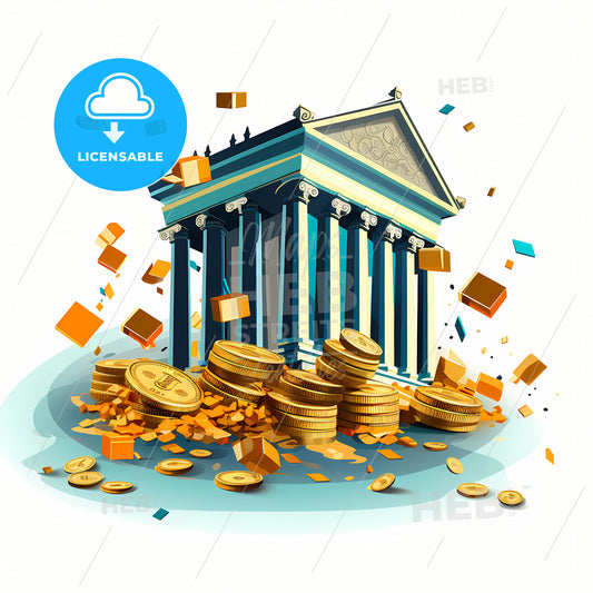 A Clipart Representing The Finance Industry, A Building With Columns And Gold Coins Falling