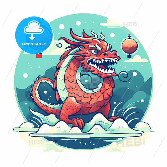 Dragon, A Red Dragon With A White Tail And A Blue Circle