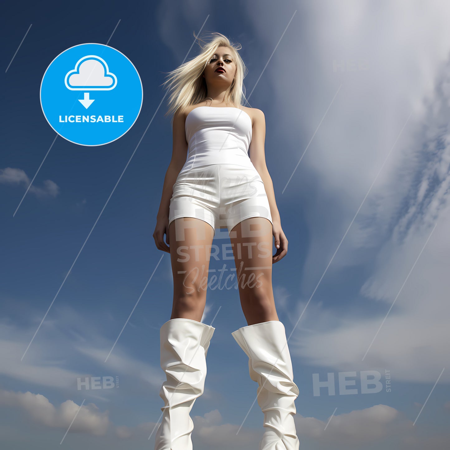 Young 25 Years Old Angry Blond Girl, A Woman In White Outfit And Boots