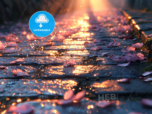 Empty Light Pink Wall, A Wet Brick Walkway With Pink Petals On It